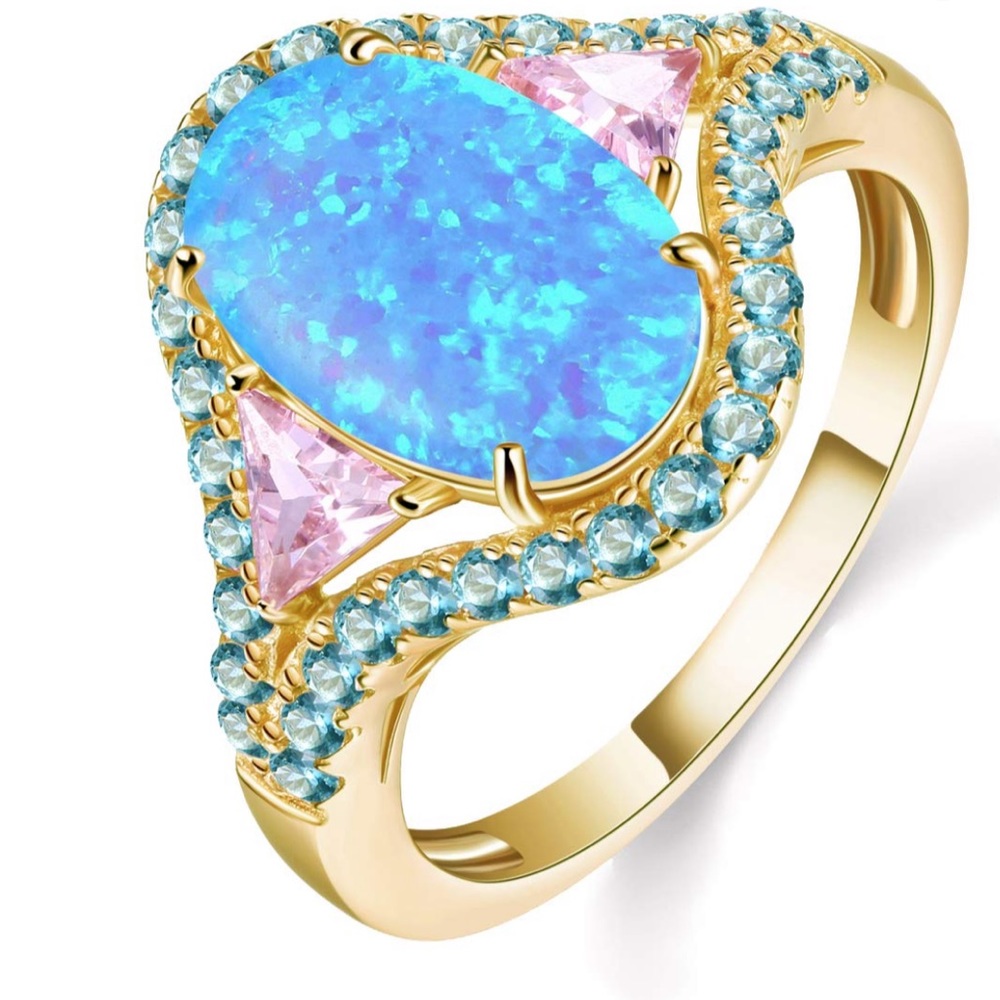 Gold Ring with Bright Blue Opal Teardrop and Pink Accent Stones